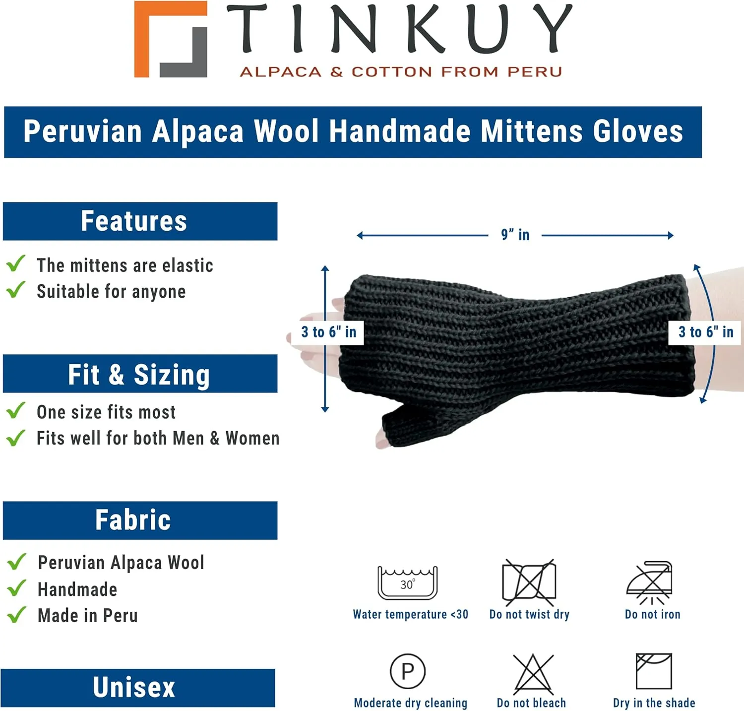 TINKUY PERU Alpaca Wool Fingerless Gloves  Unisex, Hand-Knitted, Warm, Soft, Hypoallergenic  One Size for Winter & Work