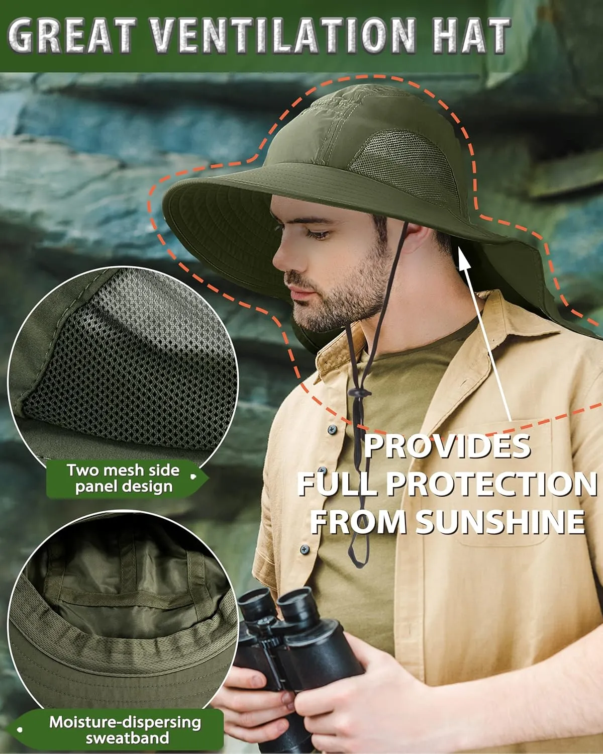Tirrinia Neck Flap Fishing Safari Cap for Men & Women, Wide Brim Sun Hat for Outdoor Hiking, Camping, Gardening