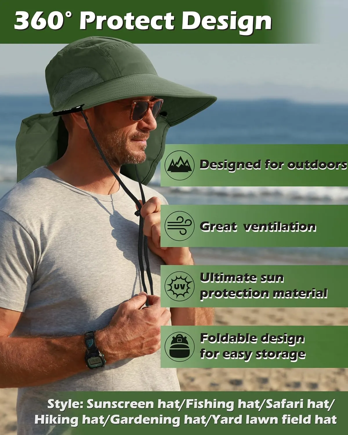 Tirrinia Neck Flap Fishing Safari Cap for Men & Women, Wide Brim Sun Hat for Outdoor Hiking, Camping, Gardening