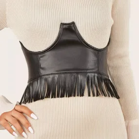Underbust Corset Style Wide Belts Fringed Faux Leather