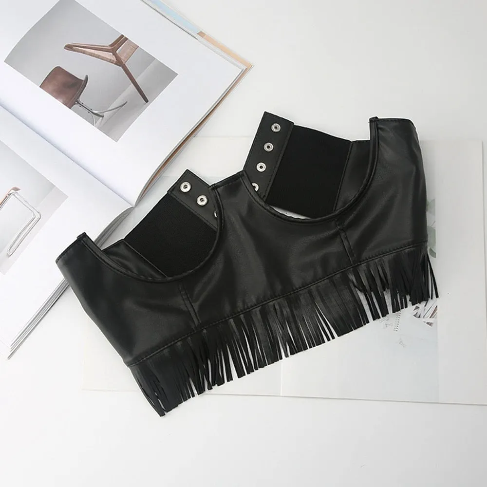 Underbust Corset Style Wide Belts Fringed Faux Leather