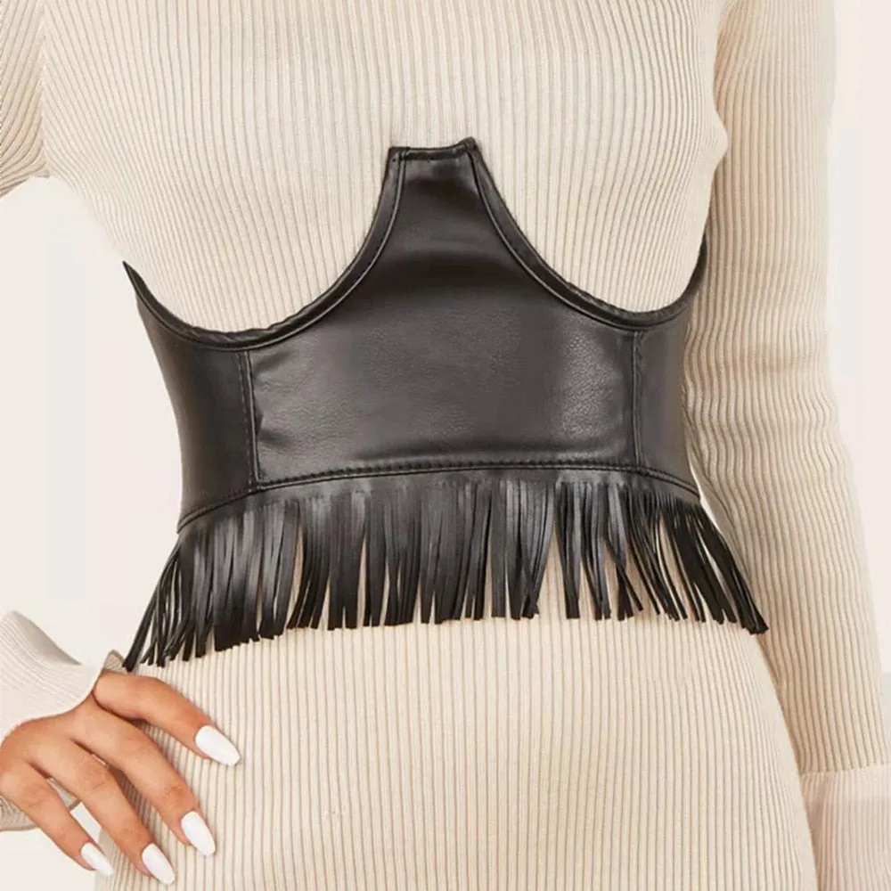 Underbust Corset Style Wide Belts Fringed Faux Leather