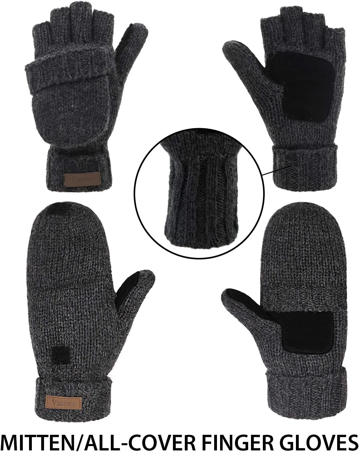 ViGrace Winter Knitted Convertible Fingerless Gloves Wool Mittens Warm Mitten Glove for Women and Men