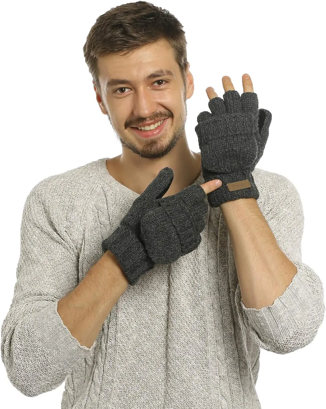 ViGrace Winter Knitted Convertible Fingerless Gloves Wool Mittens Warm Mitten Glove for Women and Men
