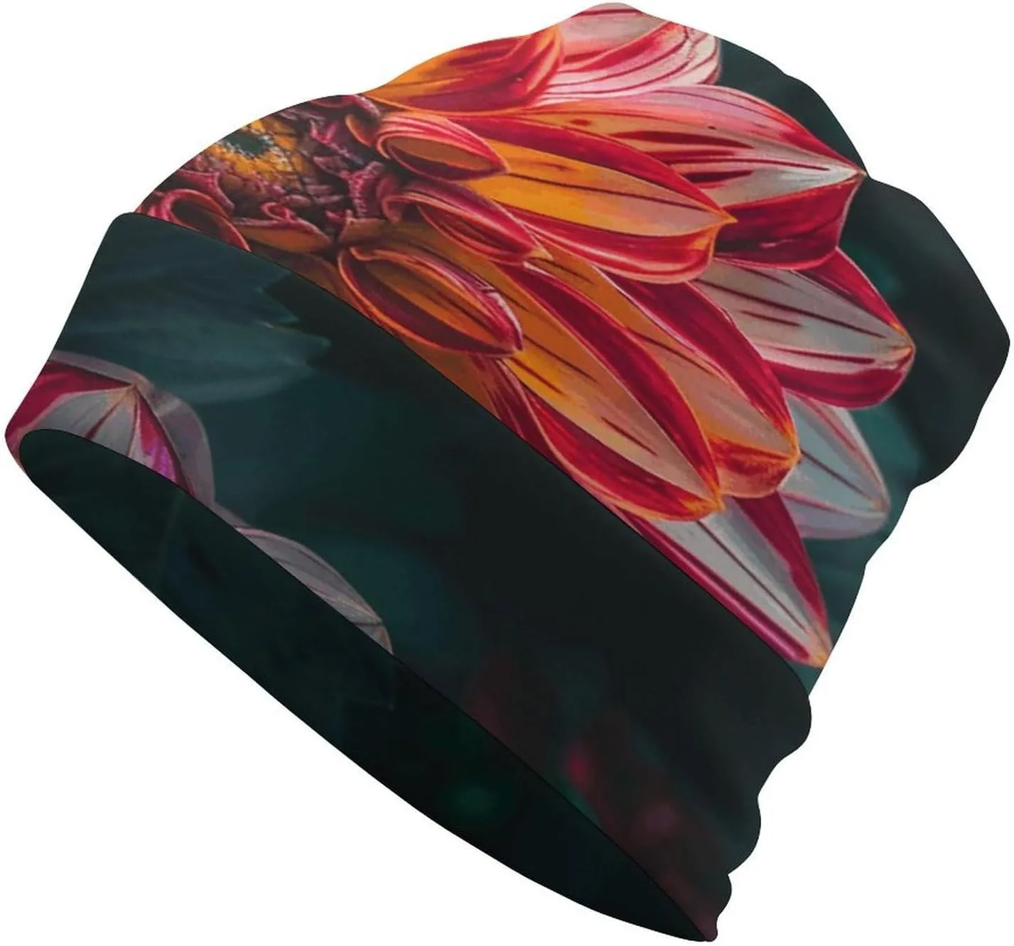 Wide Brim Pullover Hat, Yellow Striped Dahlia Printed Beanie Hat,Women Soft Stretch Ski Hat,Universal Knit Hat