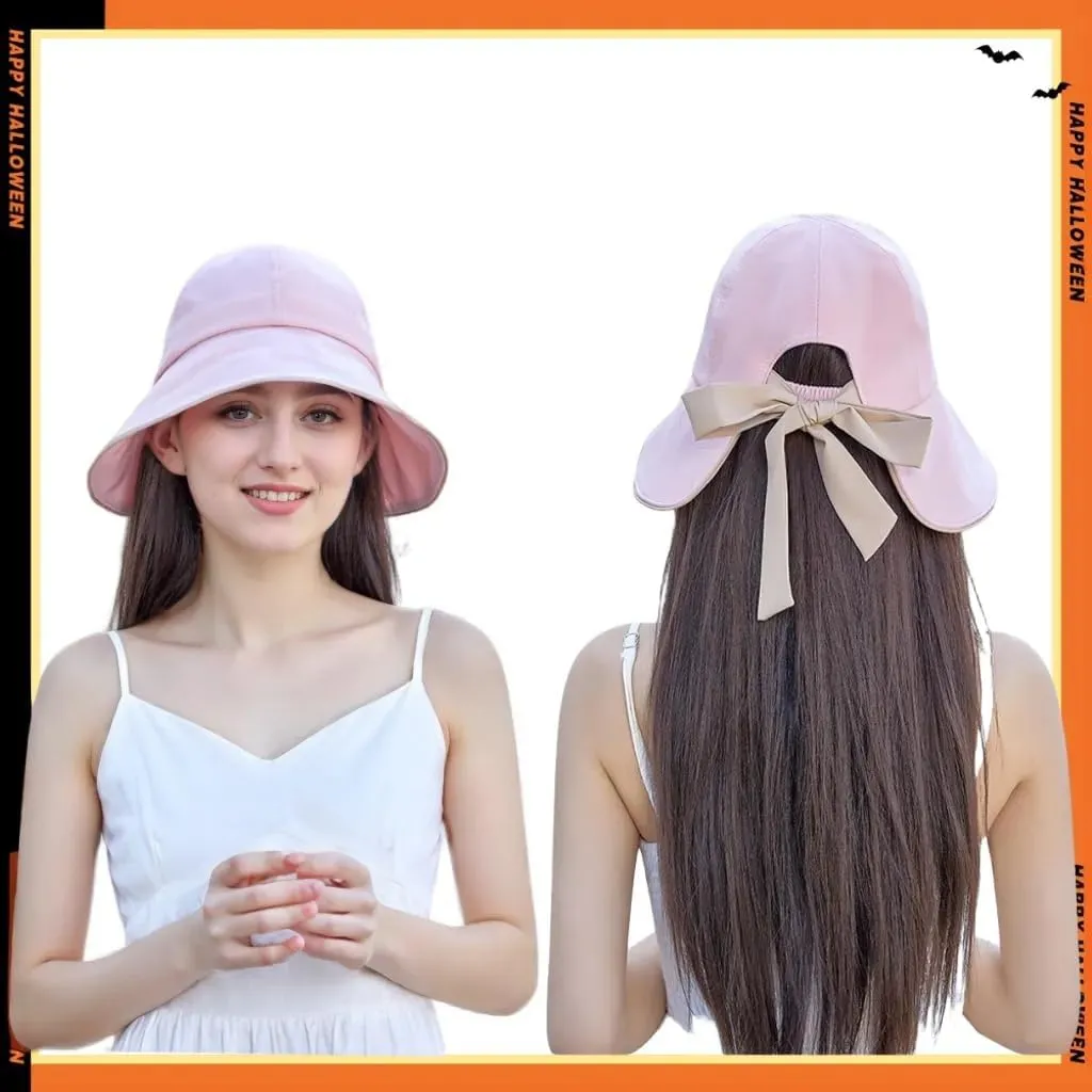 Wide Brim Sun Hat for Woman Bowknot Beach Bucket Hats Sun Protection Fishing Cap Adjustable Cotton with Ponytail Hole UPF50 