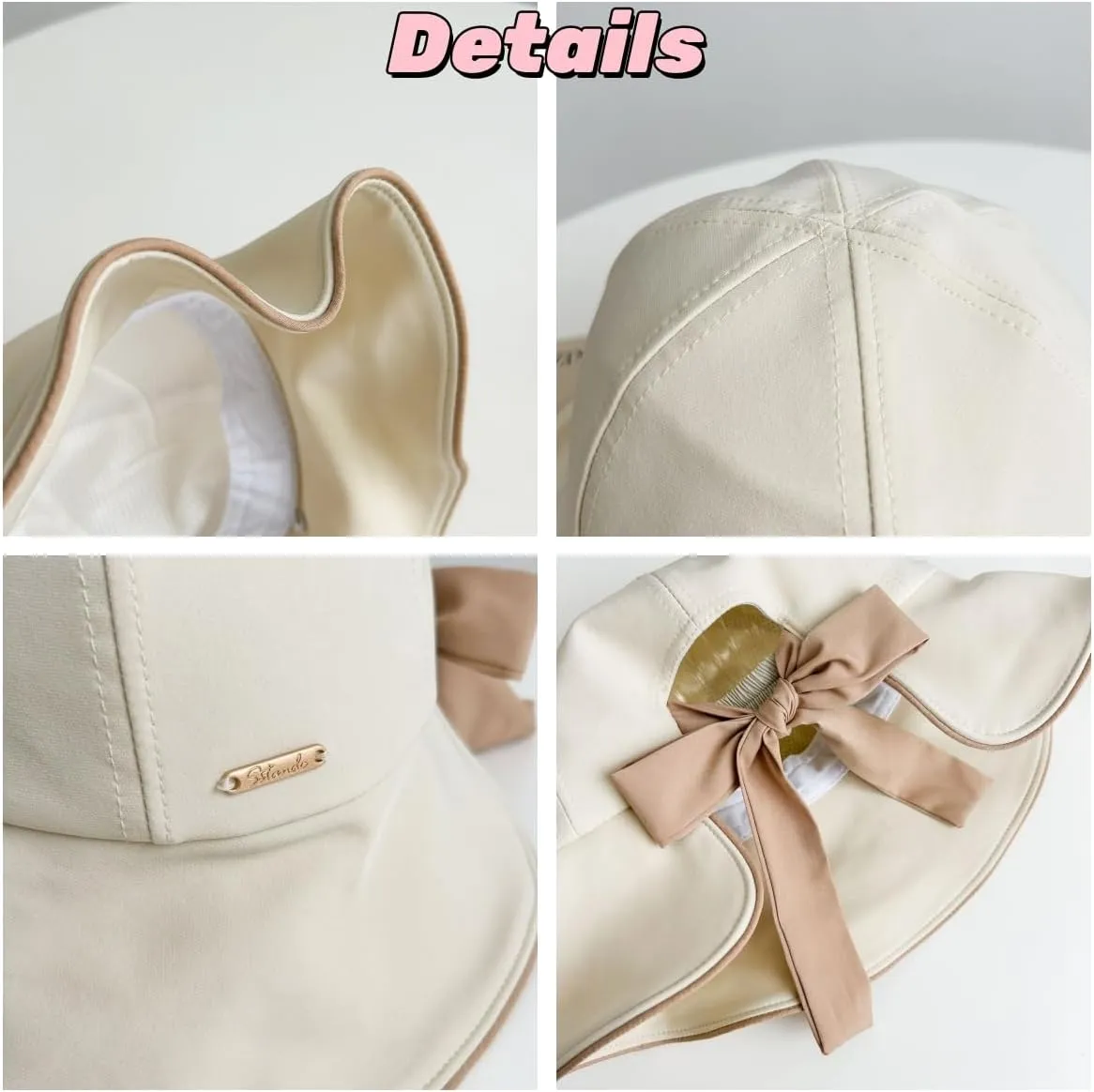 Wide Brim Sun Hat for Woman Bowknot Beach Bucket Hats Sun Protection Fishing Cap Adjustable Cotton with Ponytail Hole UPF50