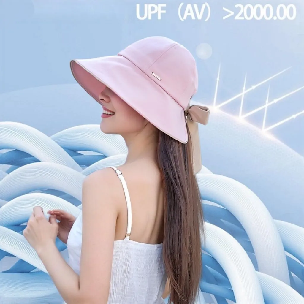 Wide Brim Sun Hat for Woman Bowknot Beach Bucket Hats Sun Protection Fishing Cap Adjustable Cotton with Ponytail Hole UPF50