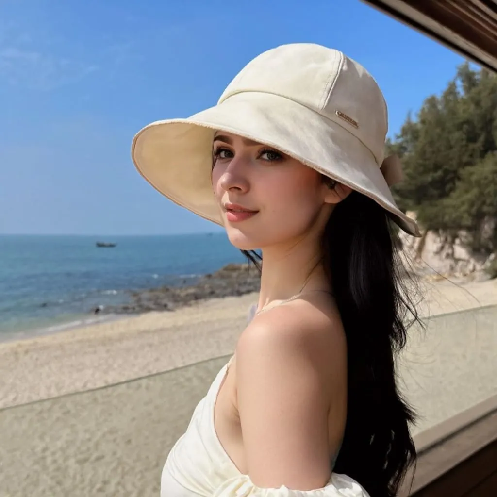 Wide Brim Sun Hat for Woman Bowknot Beach Bucket Hats Sun Protection Fishing Cap Adjustable Cotton with Ponytail Hole UPF50