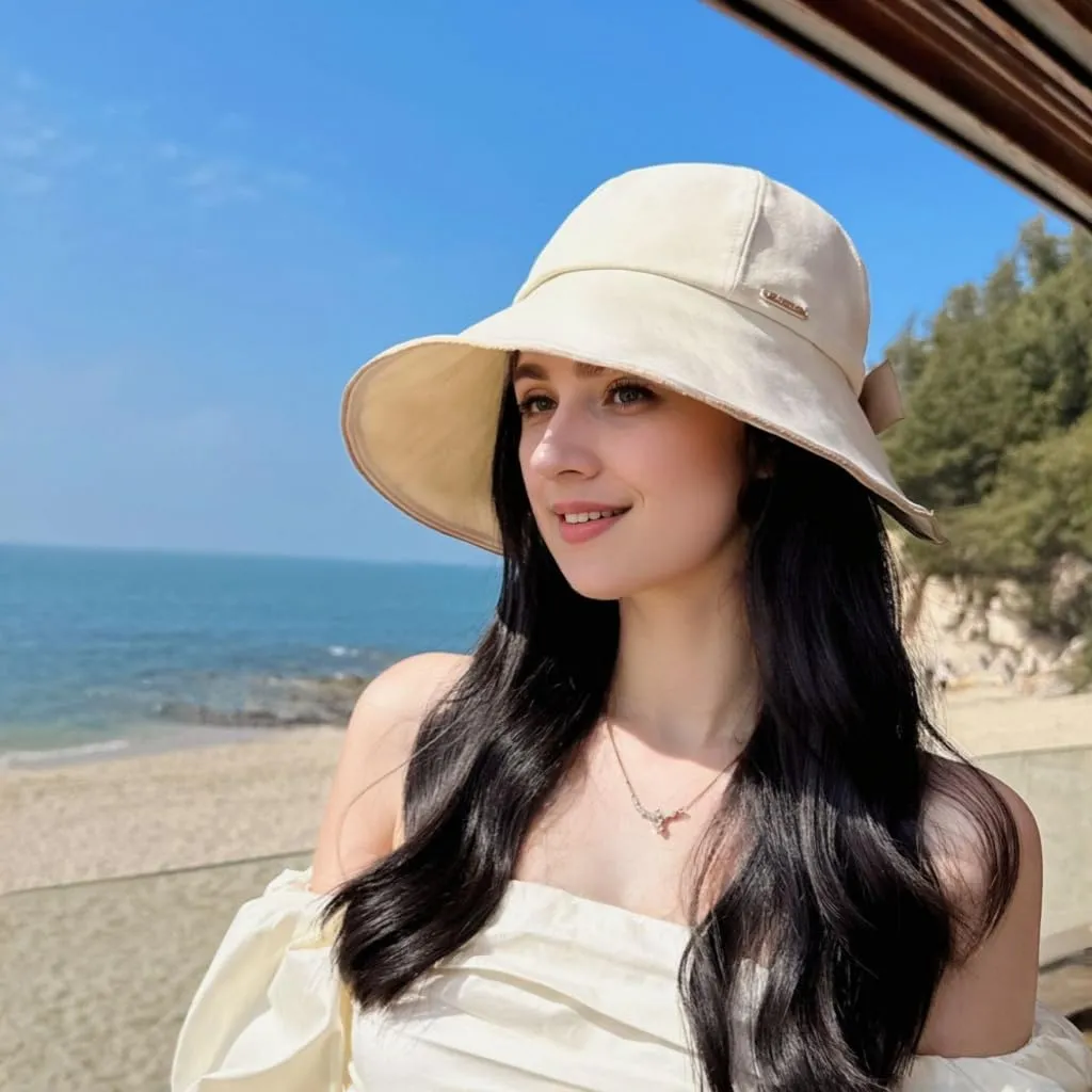 Wide Brim Sun Hat for Woman Bowknot Beach Bucket Hats Sun Protection Fishing Cap Adjustable Cotton with Ponytail Hole UPF50