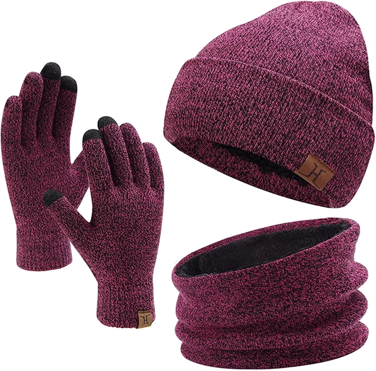 Winter Hat Scarf and Glove Set for Men Women Thickened Knitted Beanie Soft Neck Scarf Warmer Touchscreen Gloves 3 Pcs