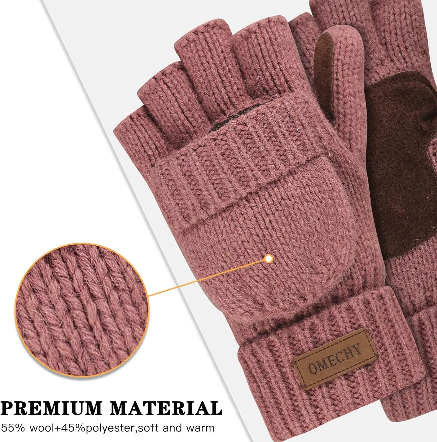 Winter Knitted Fingerless Wool Gloves Thermal Insulation Warm Convertible Mittens Flap Cover for Men Women