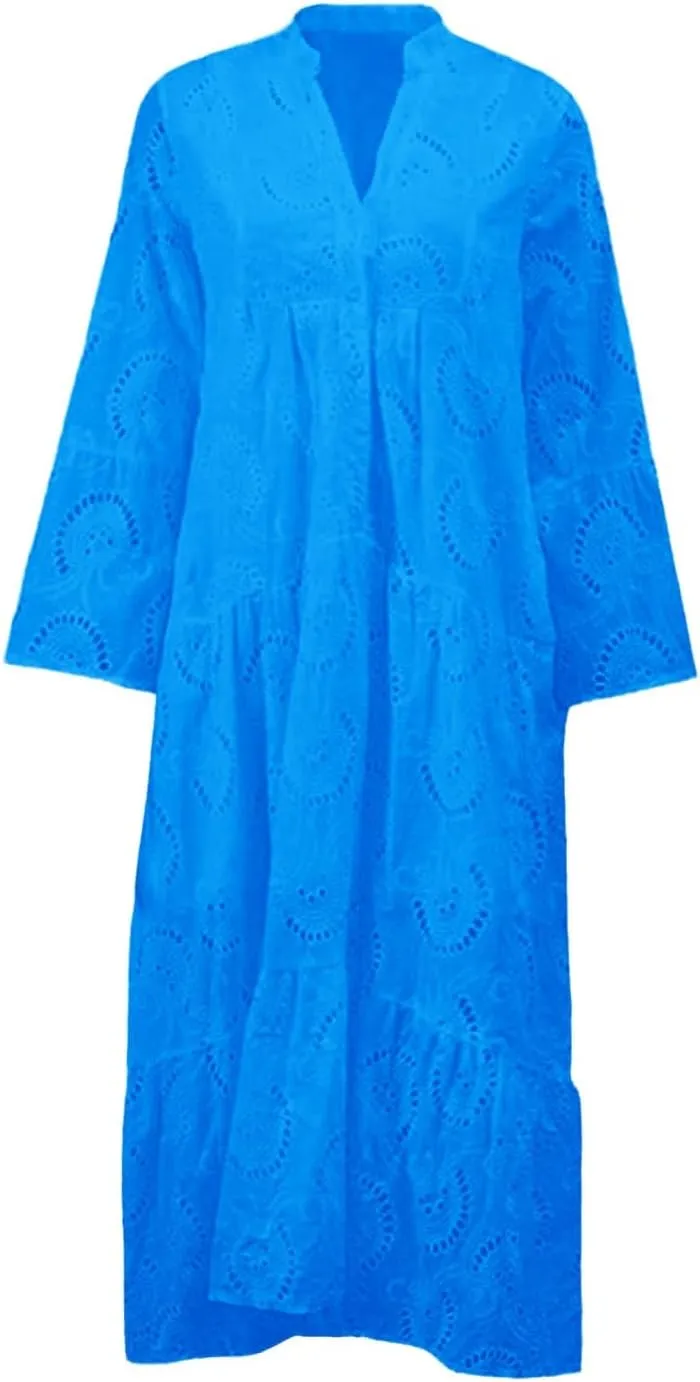 Women Eyelet Dress Boho Elegant Lace Hollow Summer V Neck Bell Sleeve Ruffle Casual Flowy Long Maxi Dresses