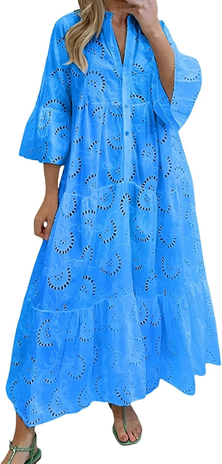 Women Eyelet Dress Boho Elegant Lace Hollow Summer V Neck Bell Sleeve Ruffle Casual Flowy Long Maxi Dresses