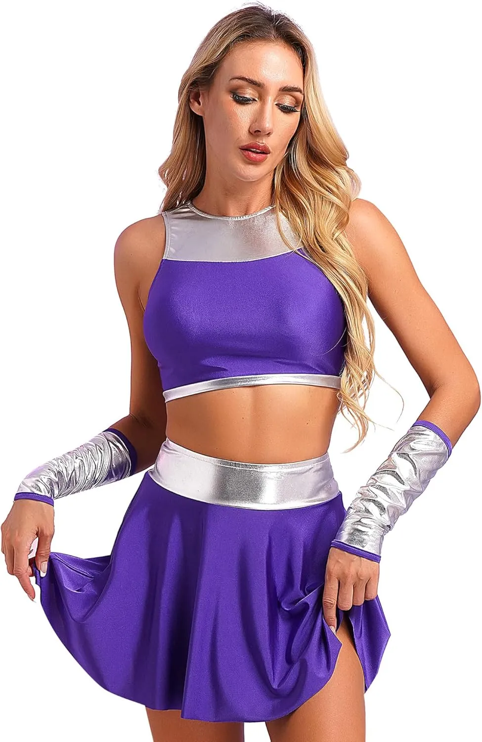 Women Halloween Cosplay Costume Sleeveless Crop Top Mini Pleated Skirt with Gloves Rave Outfit