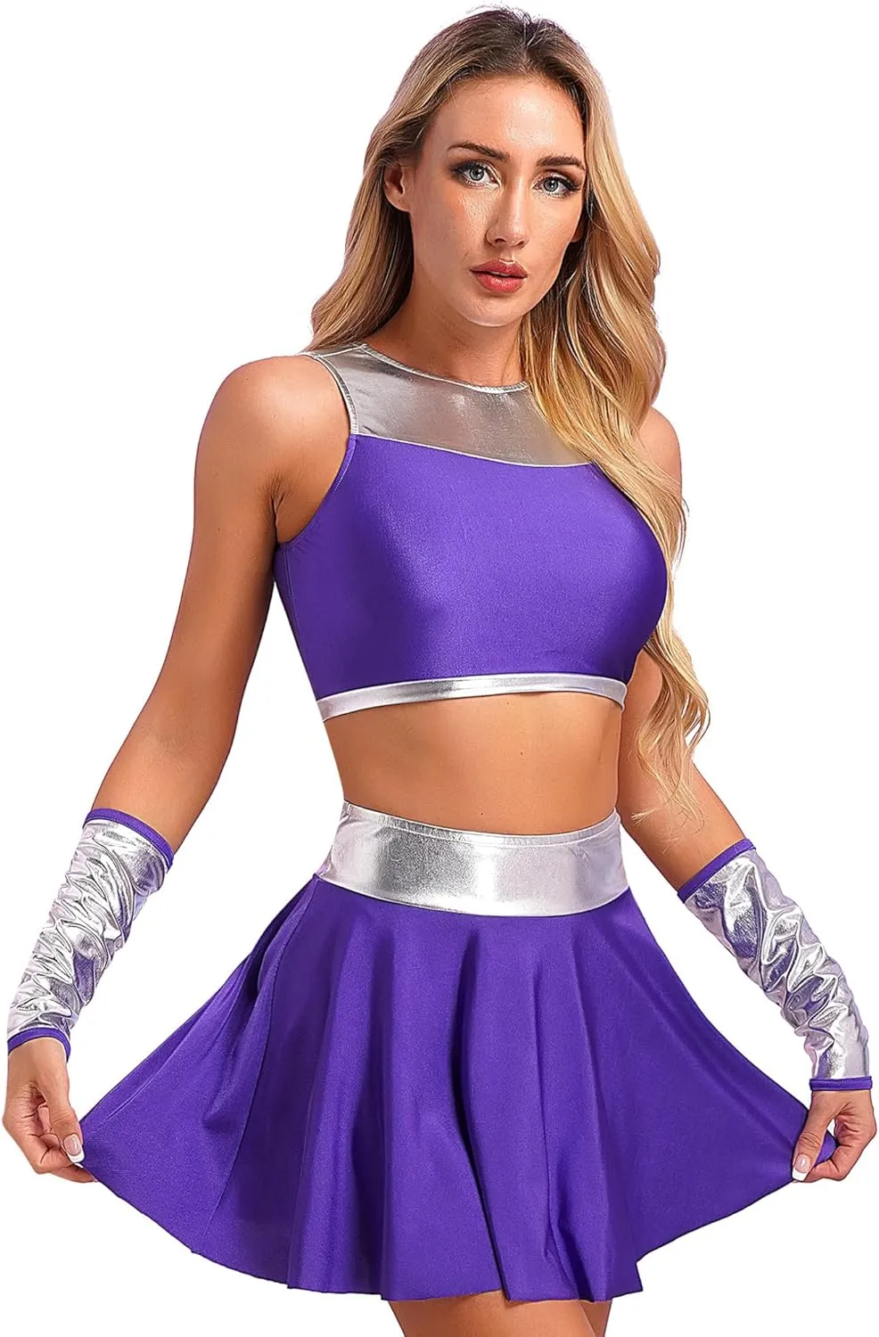 Women Halloween Cosplay Costume Sleeveless Crop Top Mini Pleated Skirt with Gloves Rave Outfit