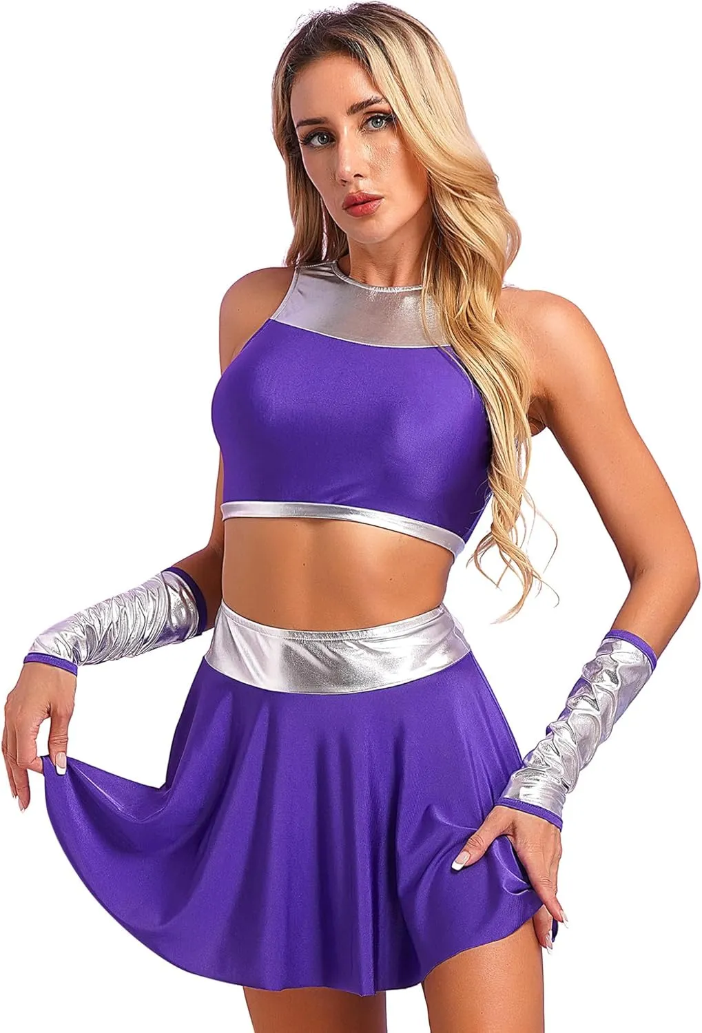 Women Halloween Cosplay Costume Sleeveless Crop Top Mini Pleated Skirt with Gloves Rave Outfit