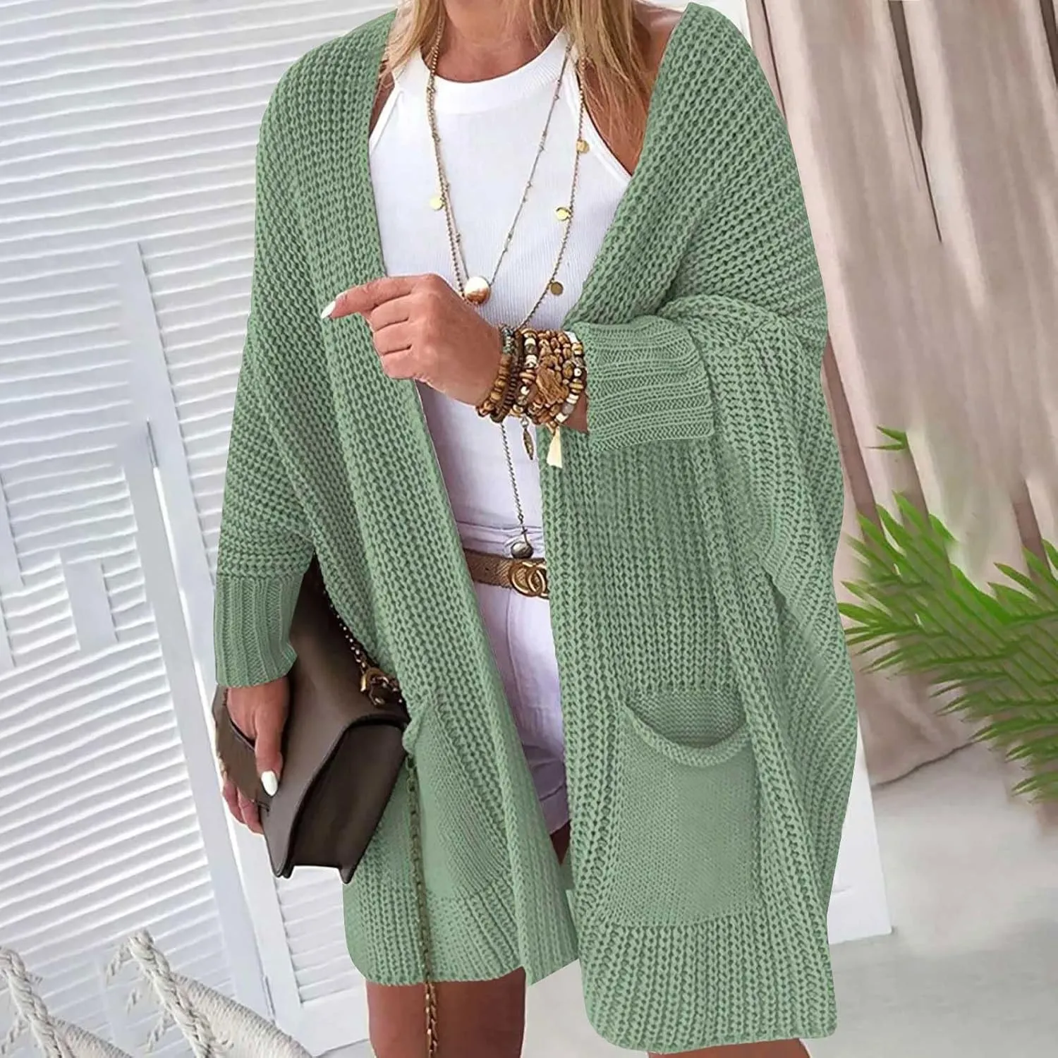 Women Oversized Long Cardigans Sweater Batwing Sleeve Open Front Chunky Knit Coat Fall Winter Outwear with Pockets