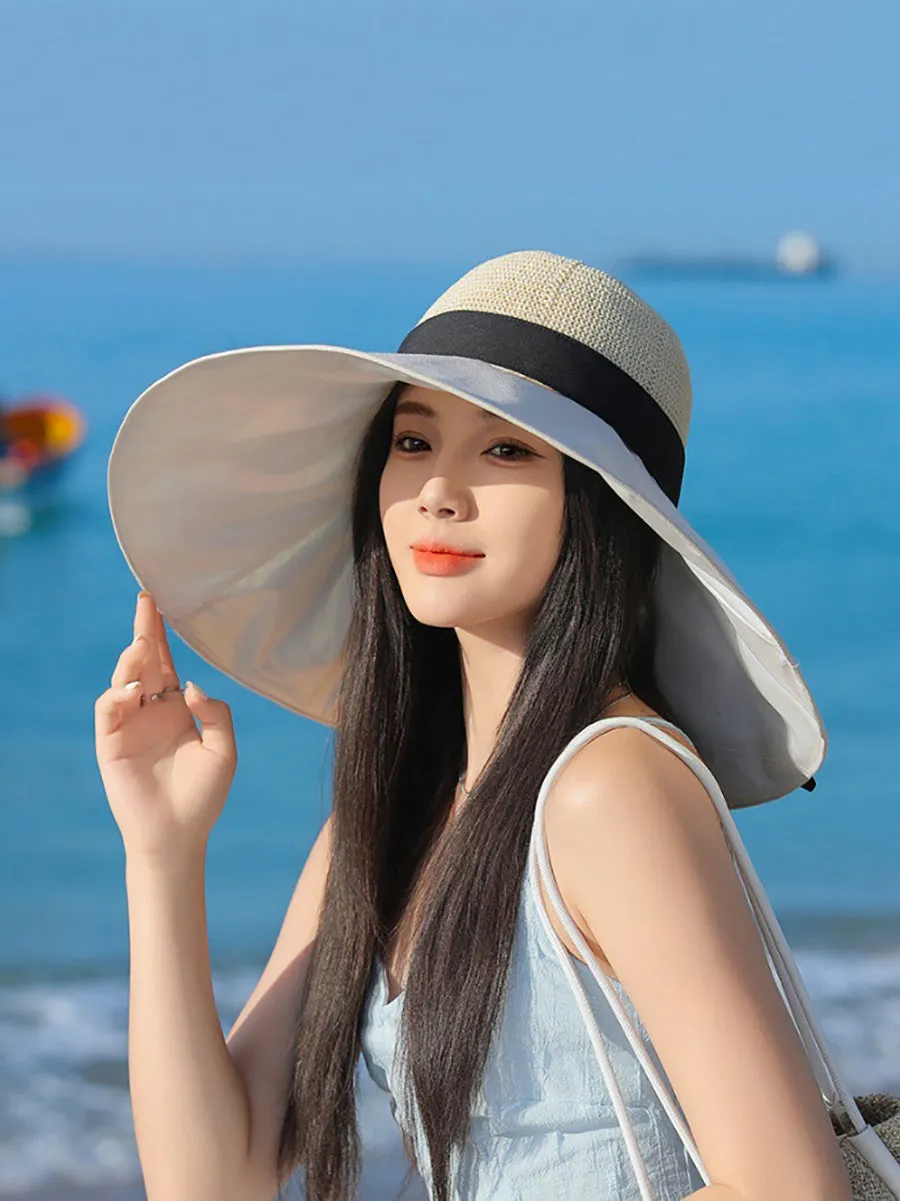 Women Summer Travel Large Brim Sunproof Spliced Hat QW1036