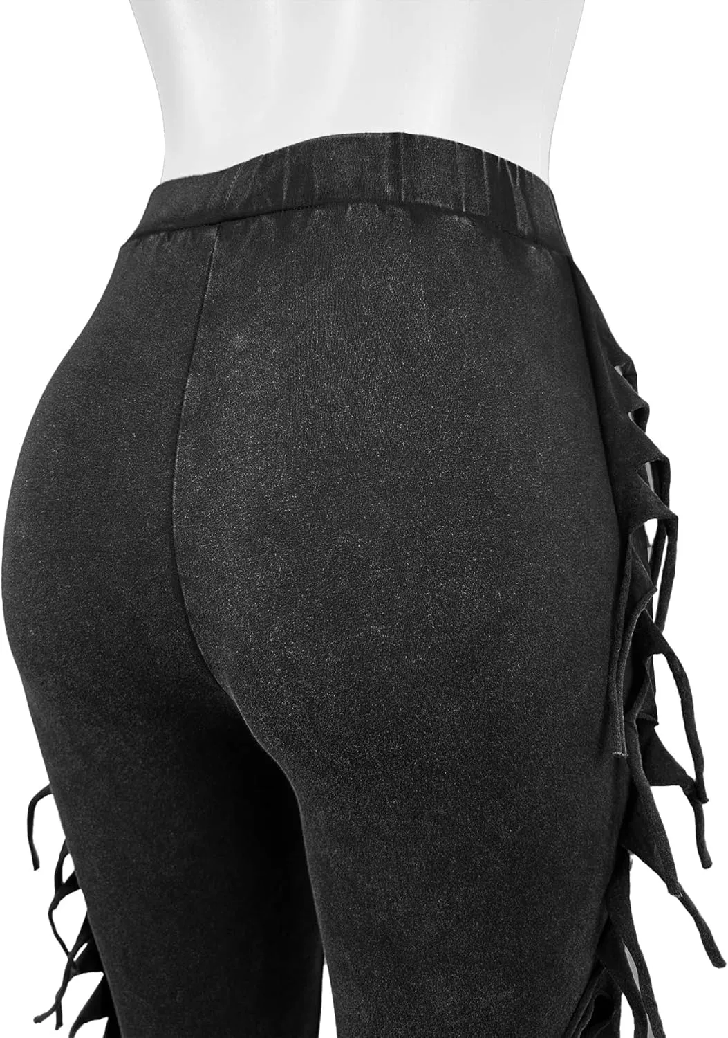 Women's Casual Mid Waist Fringed Cotton Bodycon Pants with Tassels and Elastic Waist