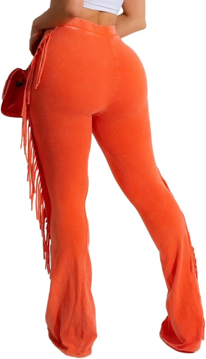 Women's Casual Mid Waist Fringed Cotton Bodycon Pants with Tassels and Elastic Waist
