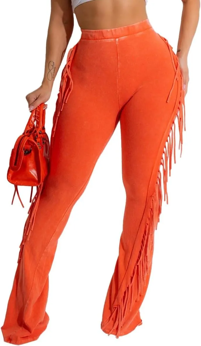 Women's Casual Mid Waist Fringed Cotton Bodycon Pants with Tassels and Elastic Waist