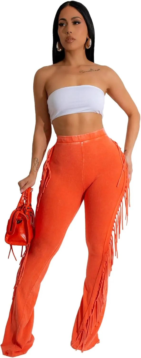 Women's Casual Mid Waist Fringed Cotton Bodycon Pants with Tassels and Elastic Waist