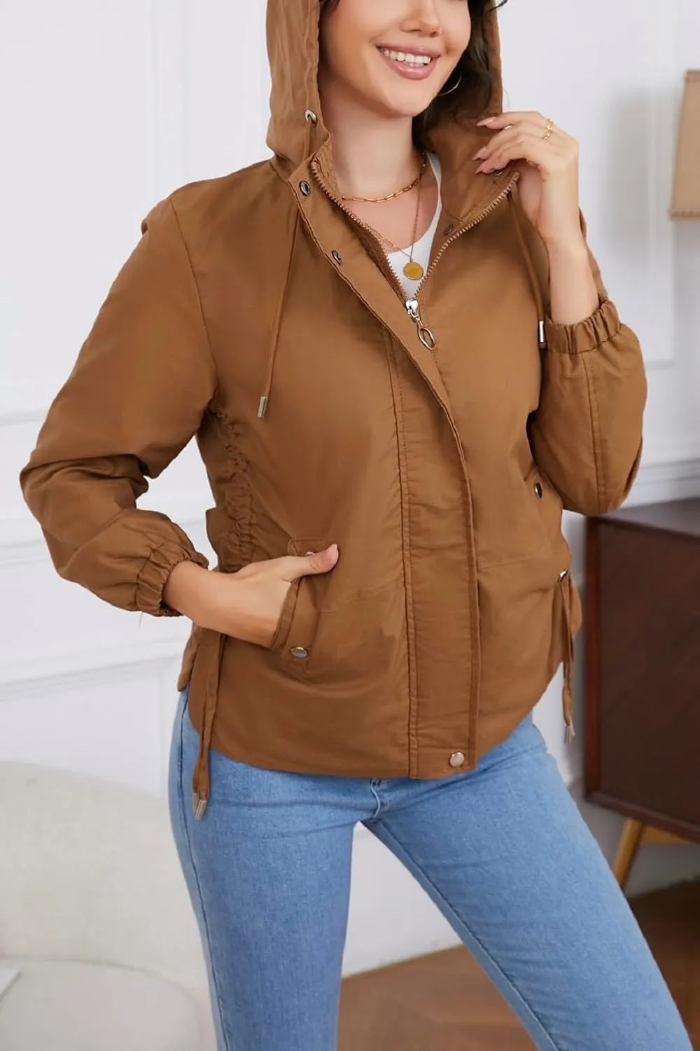 Women's Jacket with Pockets Lightweight Drawstring Versatile Casual Hooded Zipper Utility Jacket Windbreaker