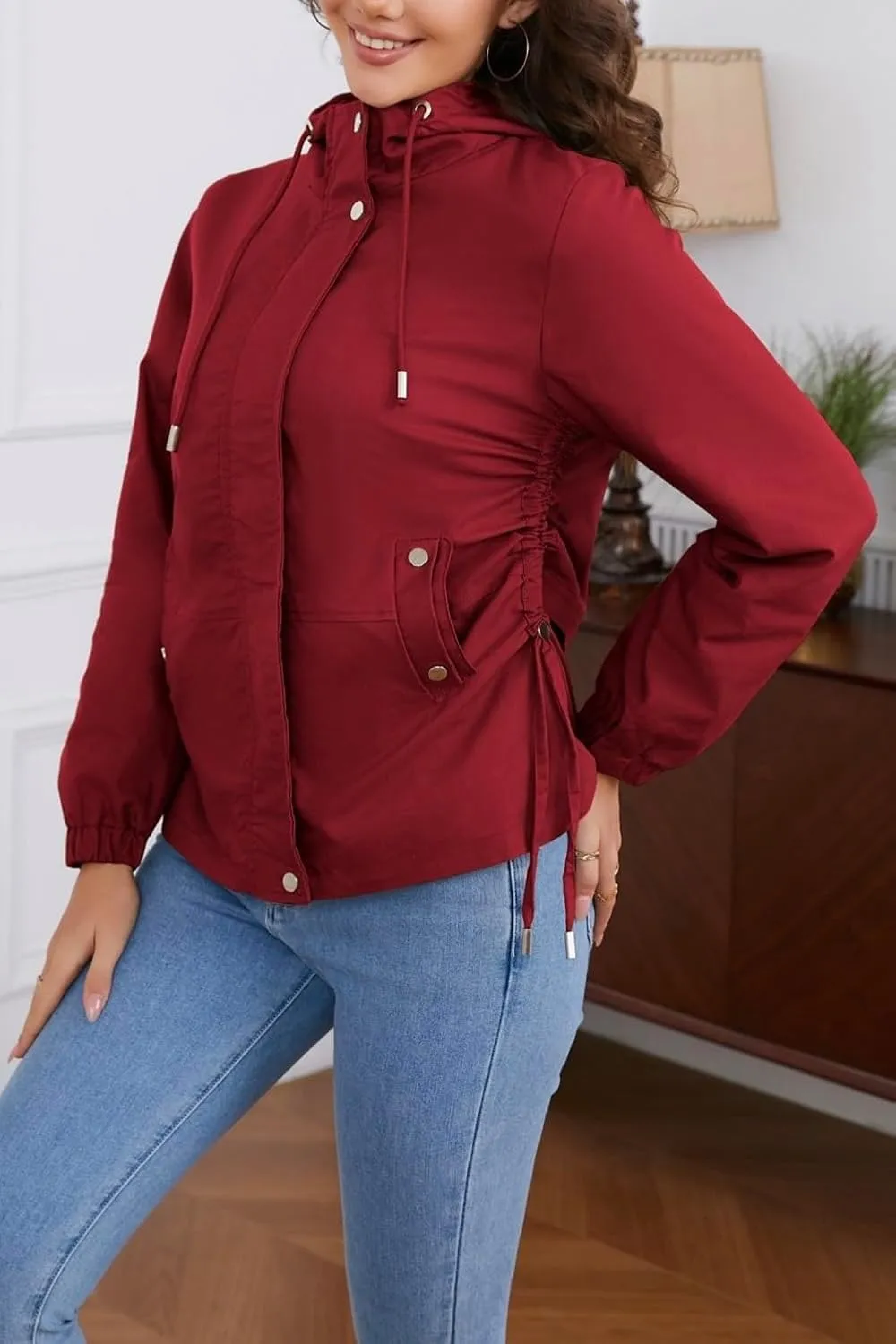 Women's Jacket with Pockets Lightweight Drawstring Versatile Casual Hooded Zipper Utility Jacket Windbreaker