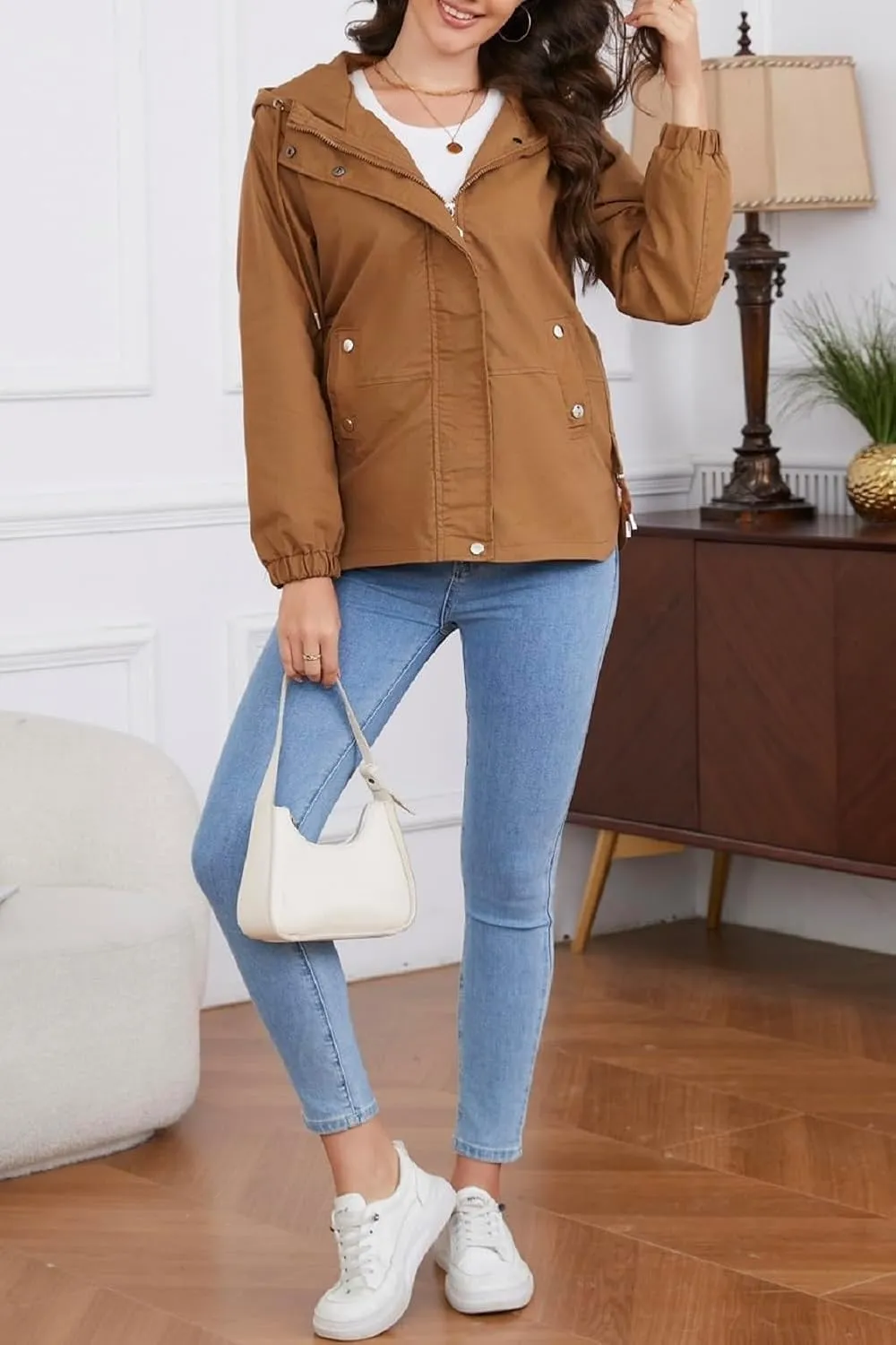 Women's Jacket with Pockets Lightweight Drawstring Versatile Casual Hooded Zipper Utility Jacket Windbreaker