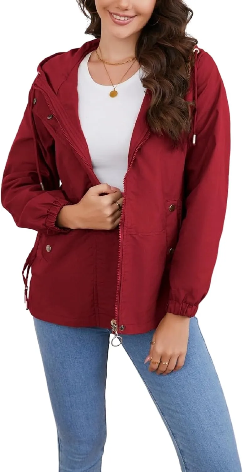 Women's Jacket with Pockets Lightweight Drawstring Versatile Casual Hooded Zipper Utility Jacket Windbreaker