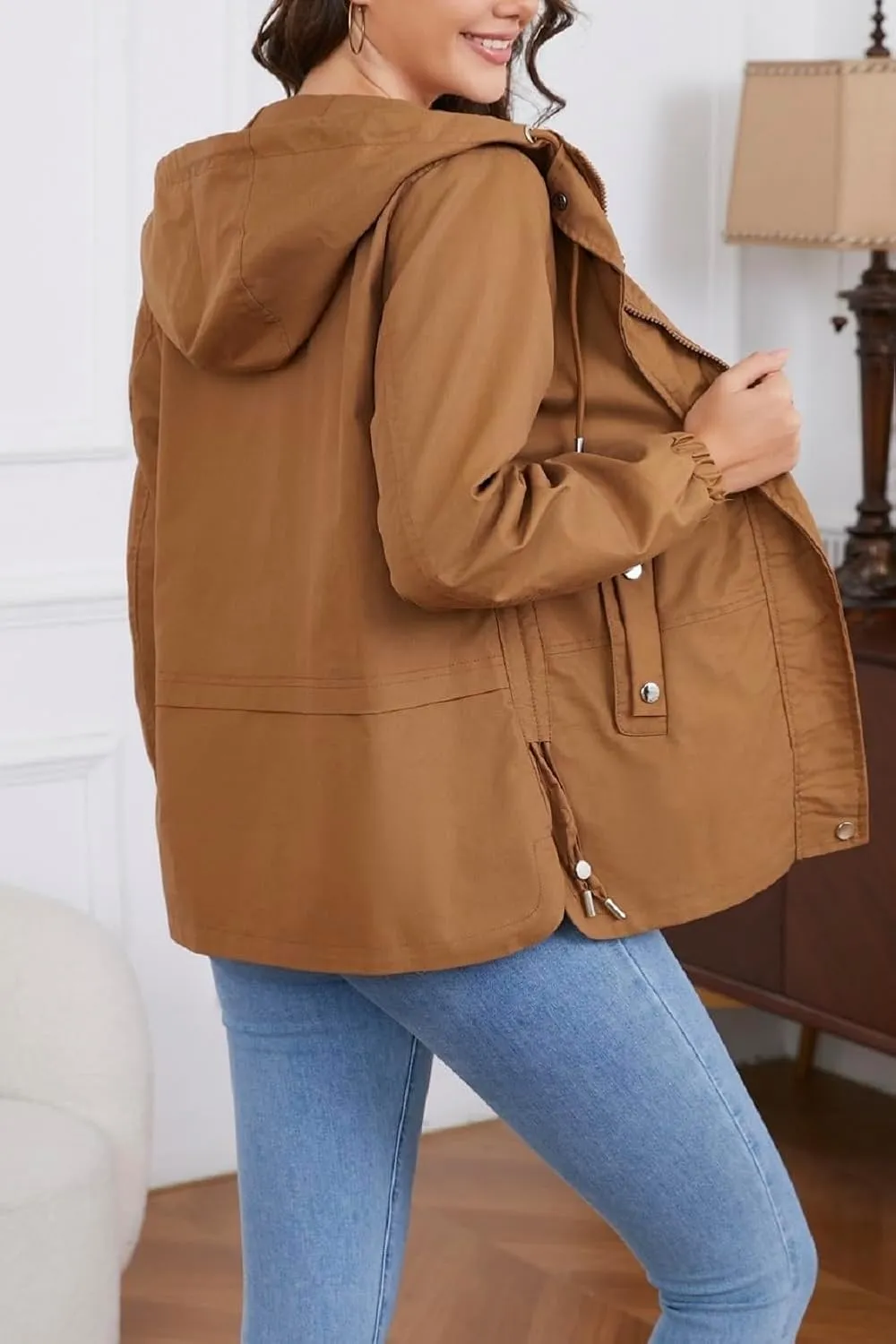 Women's Jacket with Pockets Lightweight Drawstring Versatile Casual Hooded Zipper Utility Jacket Windbreaker