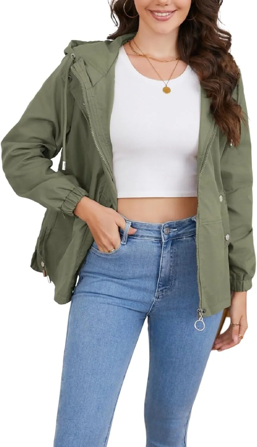 Women's Jacket with Pockets Lightweight Drawstring Versatile Casual Hooded Zipper Utility Jacket Windbreaker