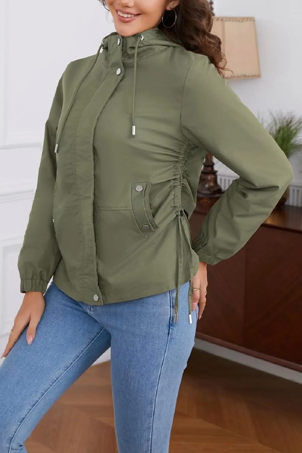 Women's Jacket with Pockets Lightweight Drawstring Versatile Casual Hooded Zipper Utility Jacket Windbreaker