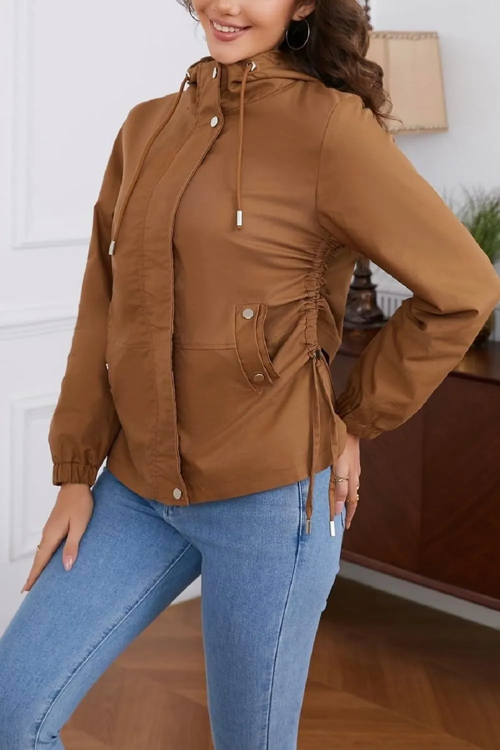Women's Jacket with Pockets Lightweight Drawstring Versatile Casual Hooded Zipper Utility Jacket Windbreaker