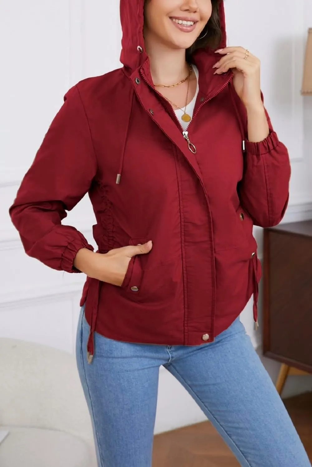 Women's Jacket with Pockets Lightweight Drawstring Versatile Casual Hooded Zipper Utility Jacket Windbreaker