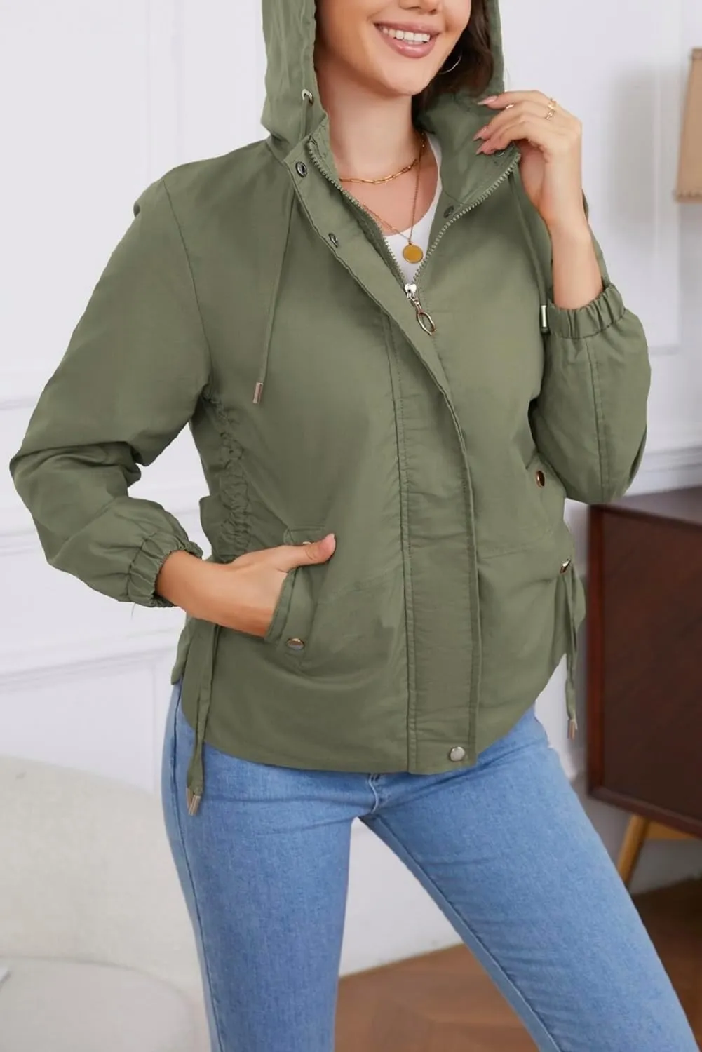 Women's Jacket with Pockets Lightweight Drawstring Versatile Casual Hooded Zipper Utility Jacket Windbreaker