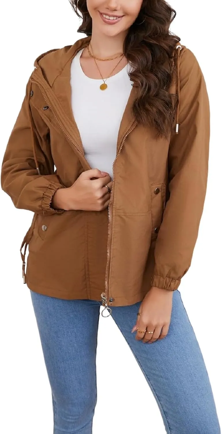 Women's Jacket with Pockets Lightweight Drawstring Versatile Casual Hooded Zipper Utility Jacket Windbreaker