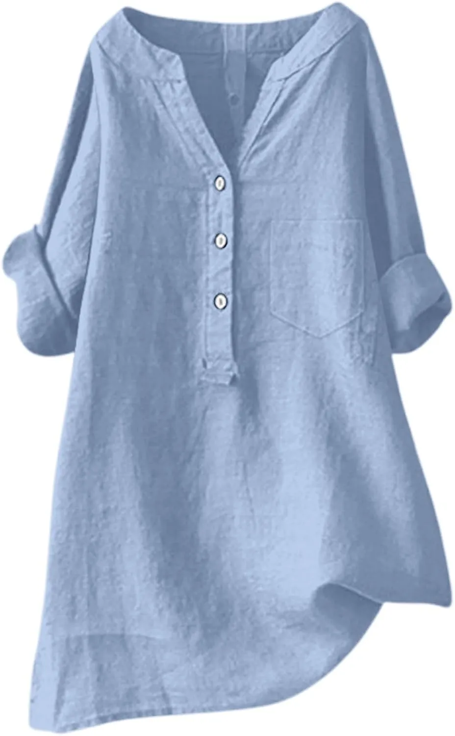 Womens Linen Shirts V-Neck Buttons Blouses Bohemian Boho Comfy Tops Short Sleeve Loose Fit Tunic Top