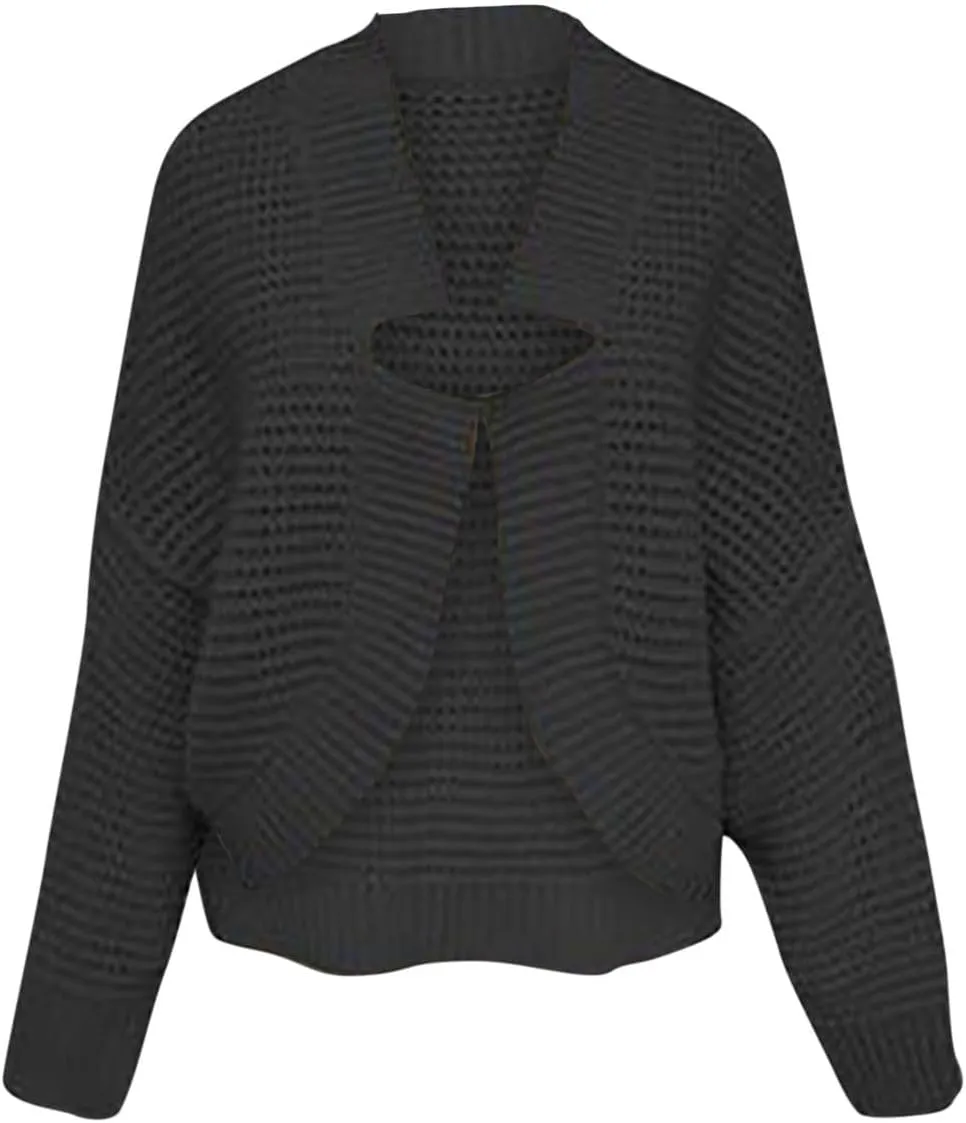 Women's Notched Cropped Cardigan Sweater Hollow Out Lightweight Long Sleeve Shrug Fashion Casual Knit Bolero Outwear