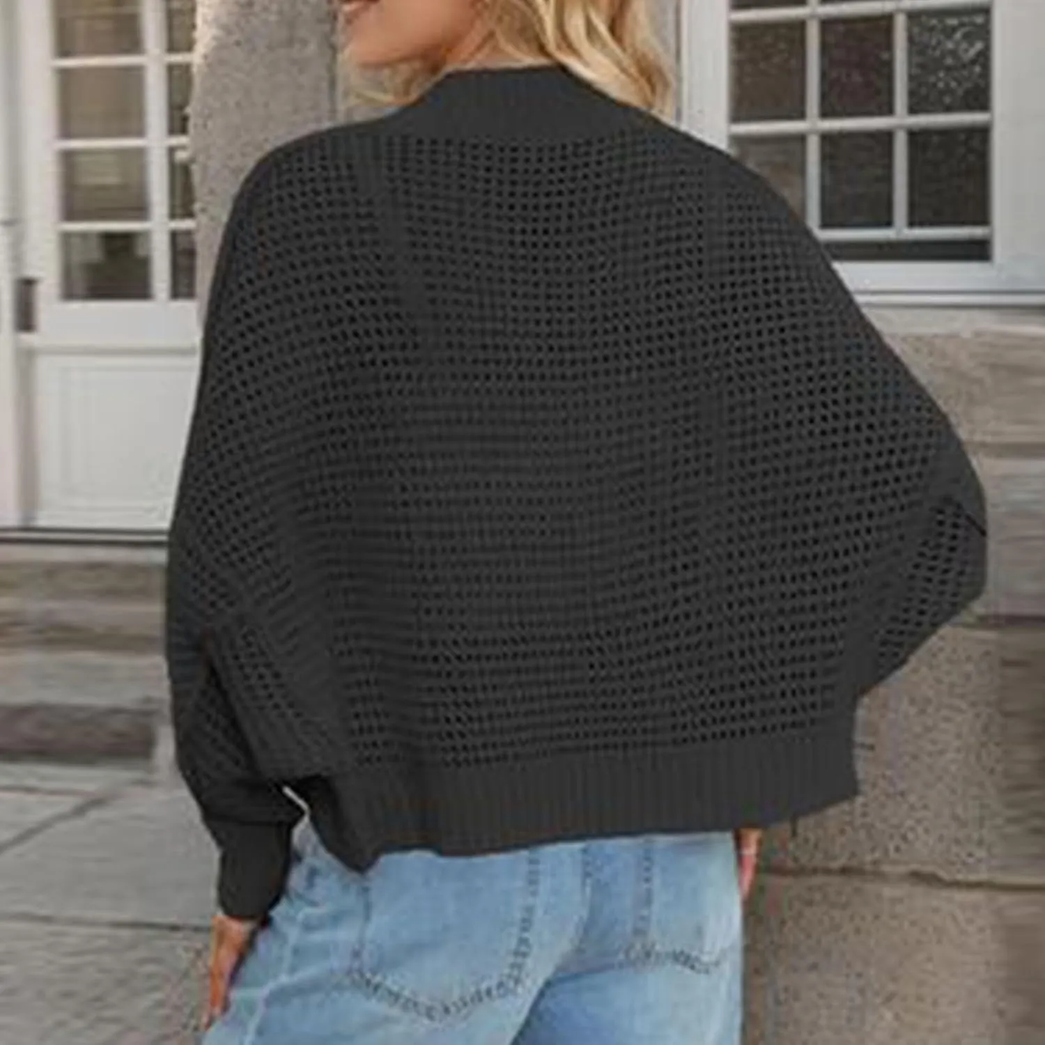 Women's Notched Cropped Cardigan Sweater Hollow Out Lightweight Long Sleeve Shrug Fashion Casual Knit Bolero Outwear