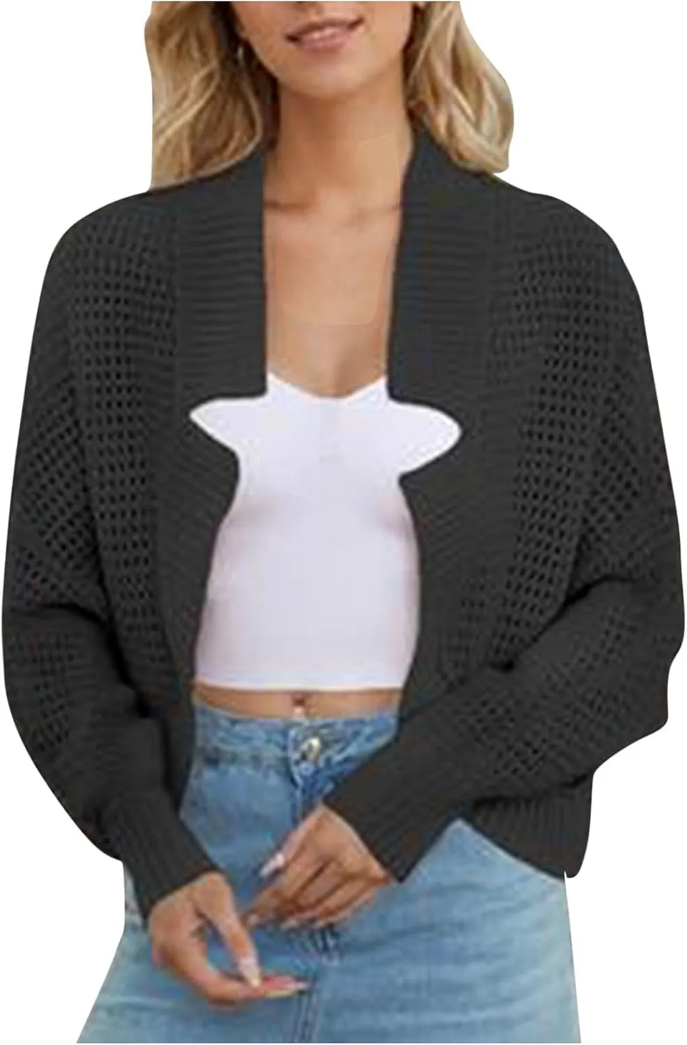 Women's Notched Cropped Cardigan Sweater Hollow Out Lightweight Long Sleeve Shrug Fashion Casual Knit Bolero Outwear
