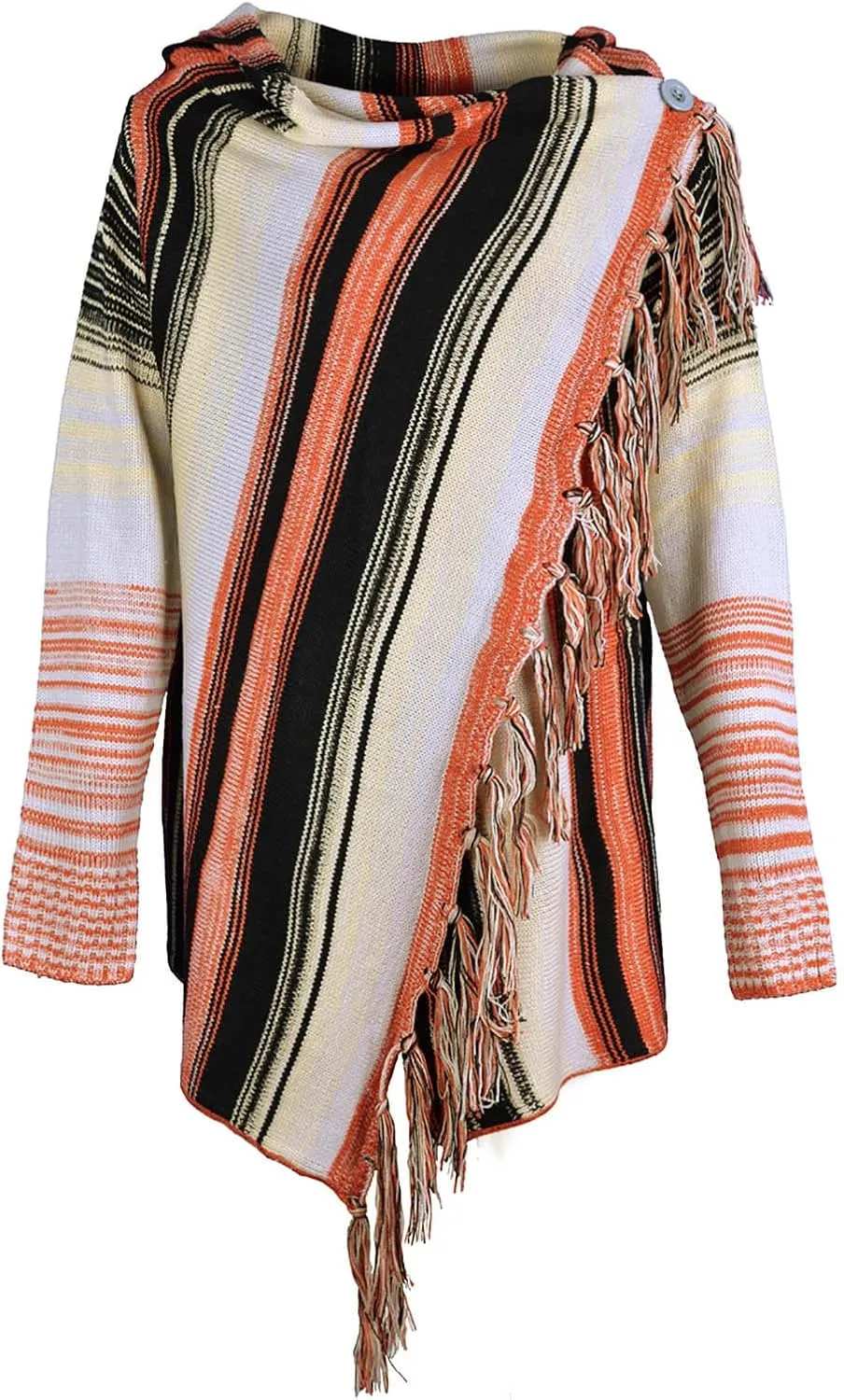 Womens Striped Fringe Cardigan Sweater Open Front/Button Wrap Knit Outwear Fashion Tassels Oversized Cowl Neck Coat