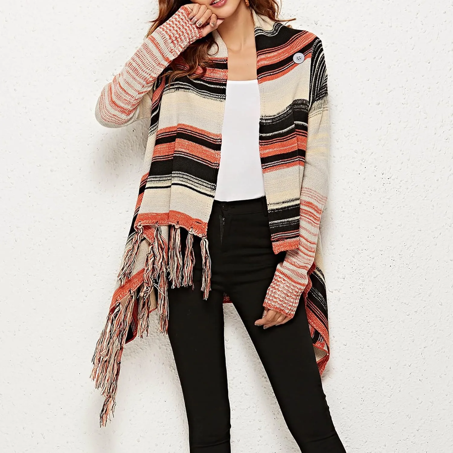 Womens Striped Fringe Cardigan Sweater Open Front/Button Wrap Knit Outwear Fashion Tassels Oversized Cowl Neck Coat