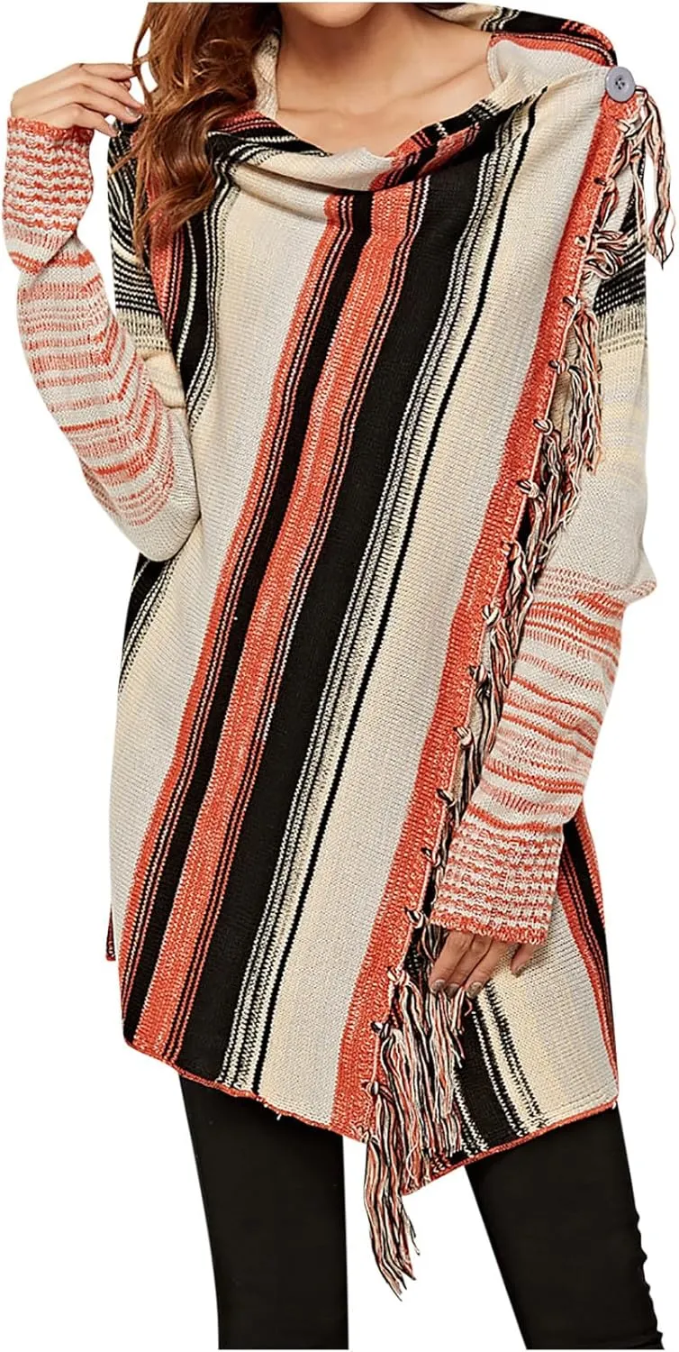 Womens Striped Fringe Cardigan Sweater Open Front/Button Wrap Knit Outwear Fashion Tassels Oversized Cowl Neck Coat