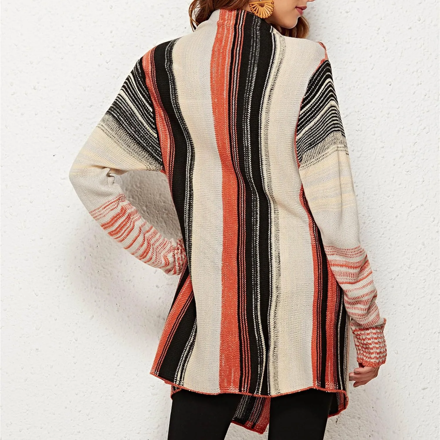Womens Striped Fringe Cardigan Sweater Open Front/Button Wrap Knit Outwear Fashion Tassels Oversized Cowl Neck Coat