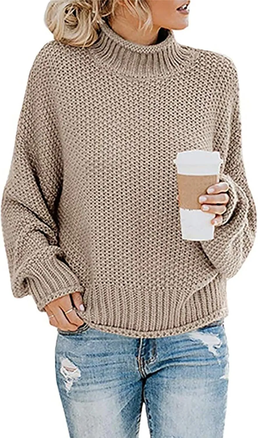 Womens Turtleneck Oversized Sweaters Batwing Long Sleeve Pullover Loose Chunky Knit Jumper