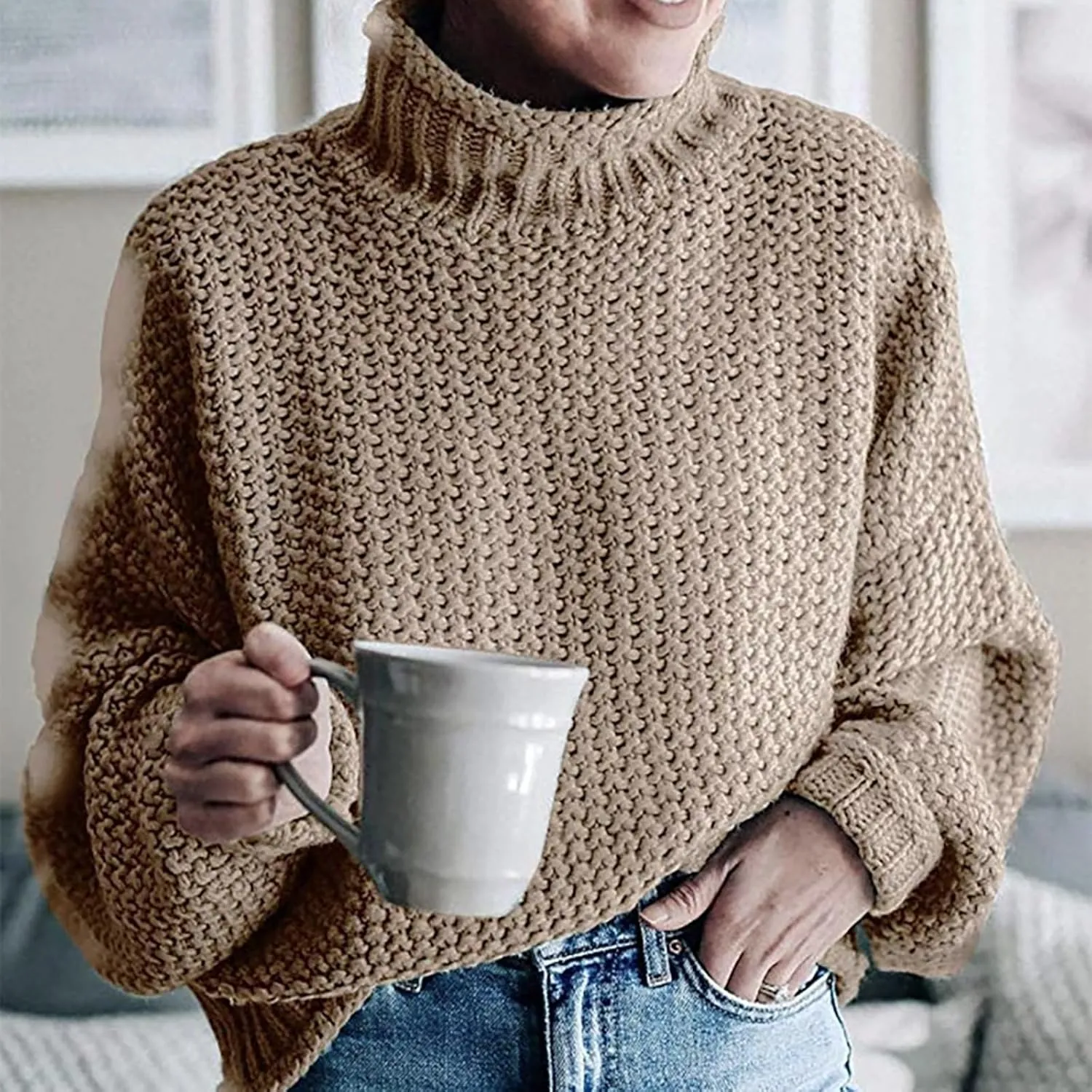Womens Turtleneck Oversized Sweaters Batwing Long Sleeve Pullover Loose Chunky Knit Jumper
