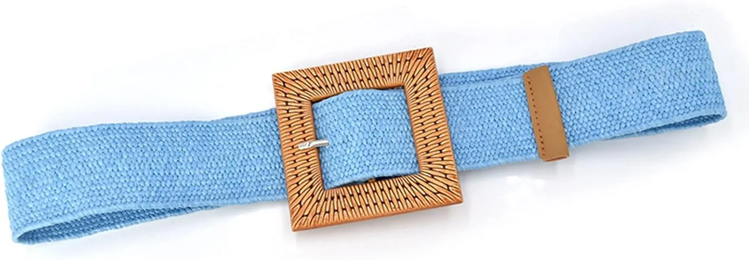 Woven Belt for Women Straw Elastic Stretch Wide Boho Waist Belt with Wooden Style Buckle