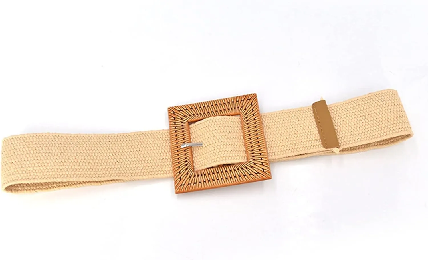Woven Belt for Women Straw Elastic Stretch Wide Boho Waist Belt with Wooden Style Buckle